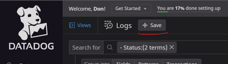 screenshot of the save view button in datadog