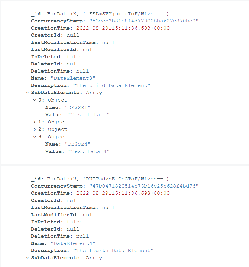 MongoDb Compass showing the DataElements with nested objects