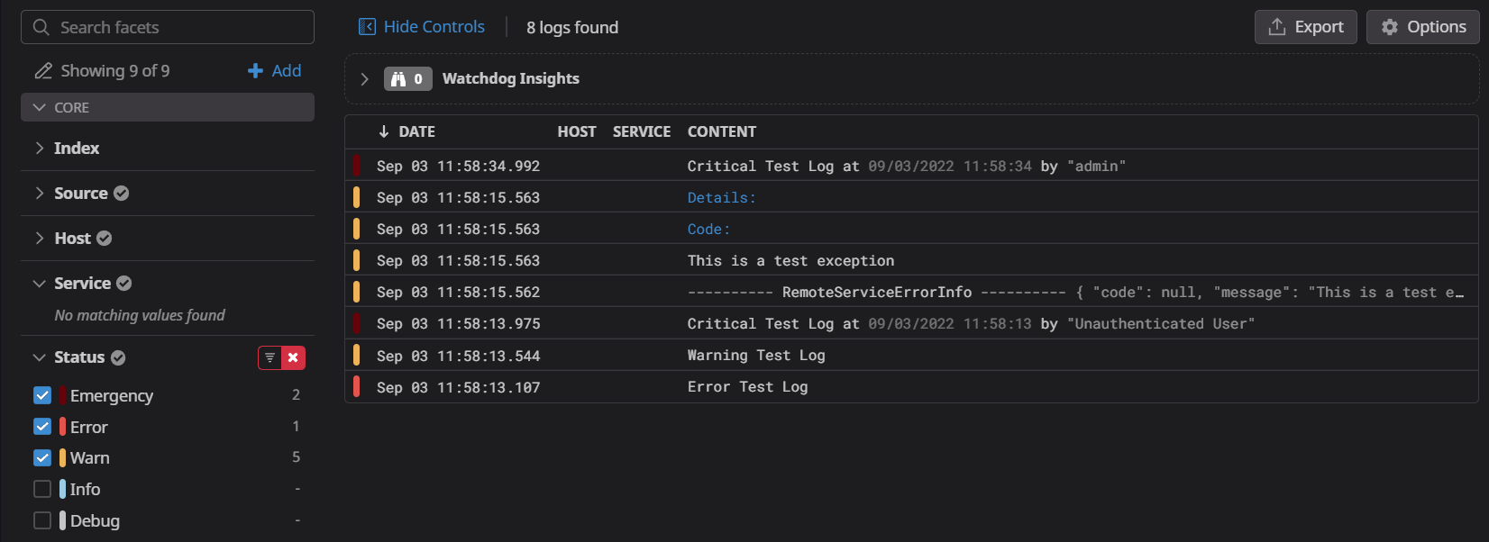 screenshot of the datadog log list with info and debug filtered out