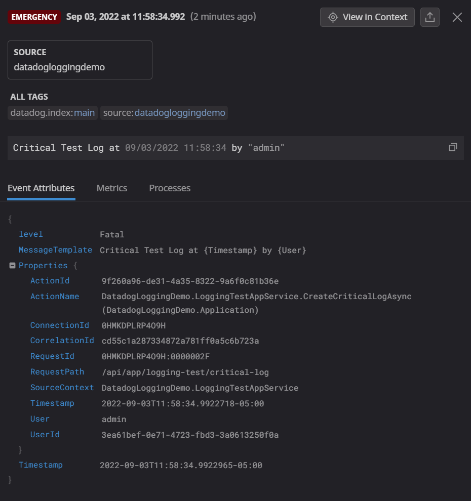 screenshot of the detail view of a critical log in datadog