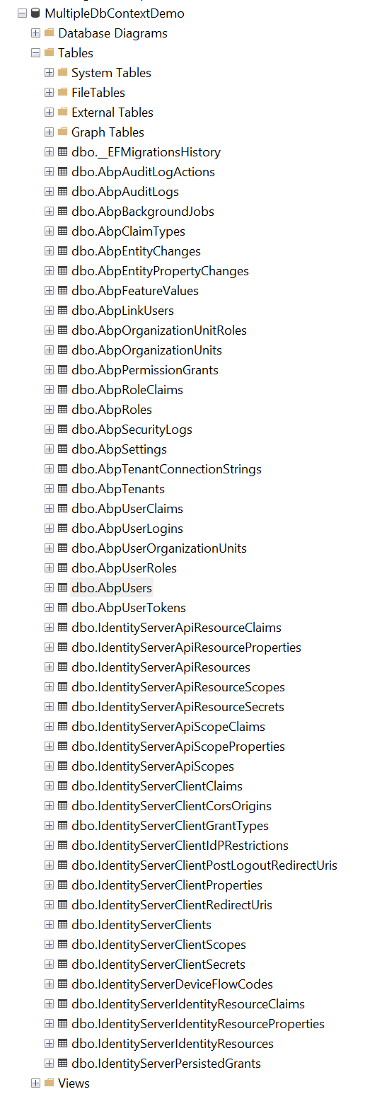 SQL Server Management Studio showing the ABP Module tables