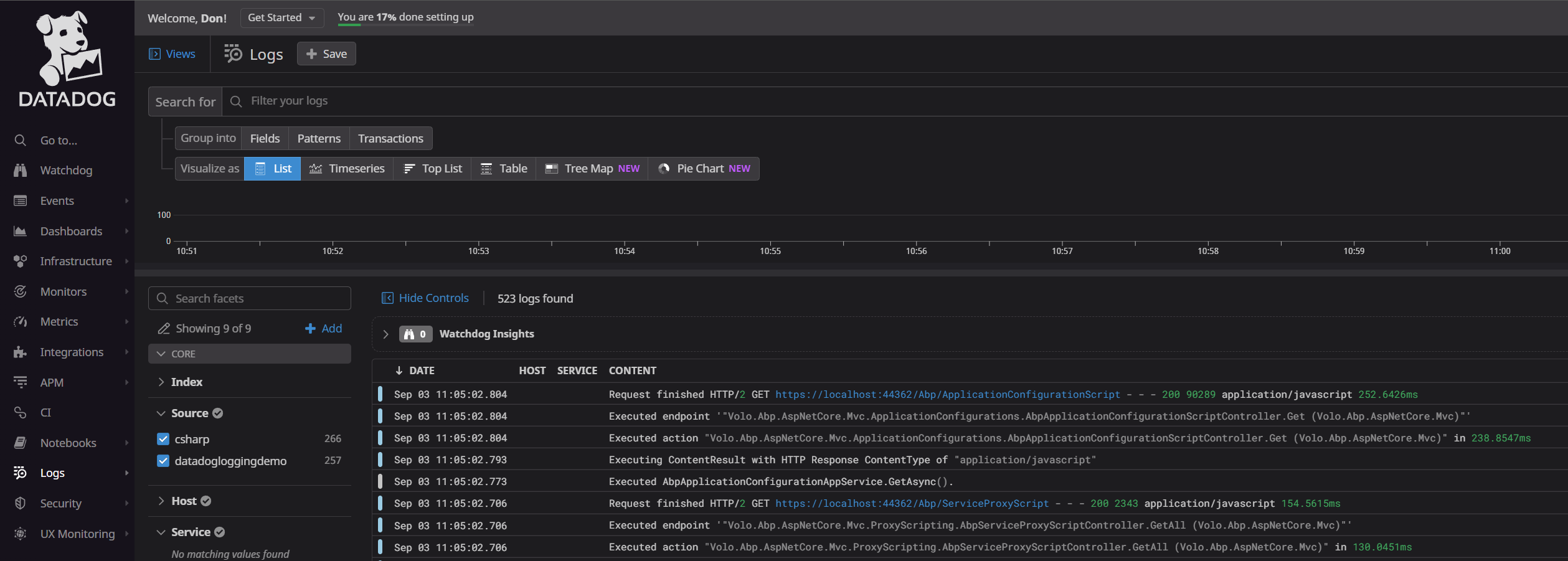 screenshot of the datadog platform with logs and the source